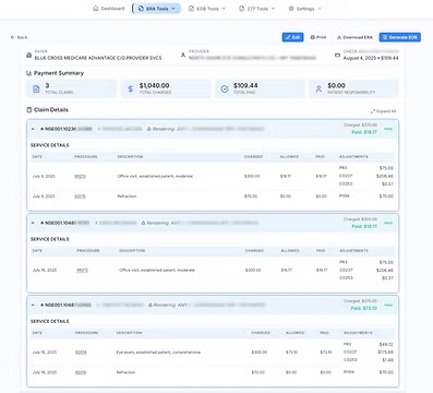 Vera ERA Viewer — Blue Cross Medicare Advantage 835 file with payment summary and claim details